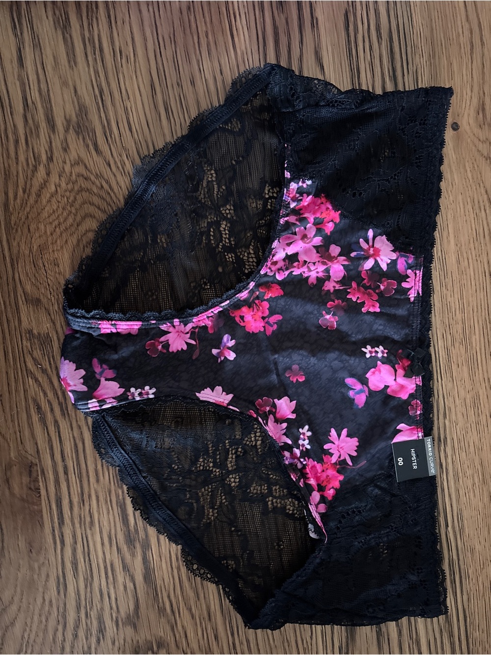 Torrid Women's Black and Pink Floral Lace Hipster Panty Size 00/10